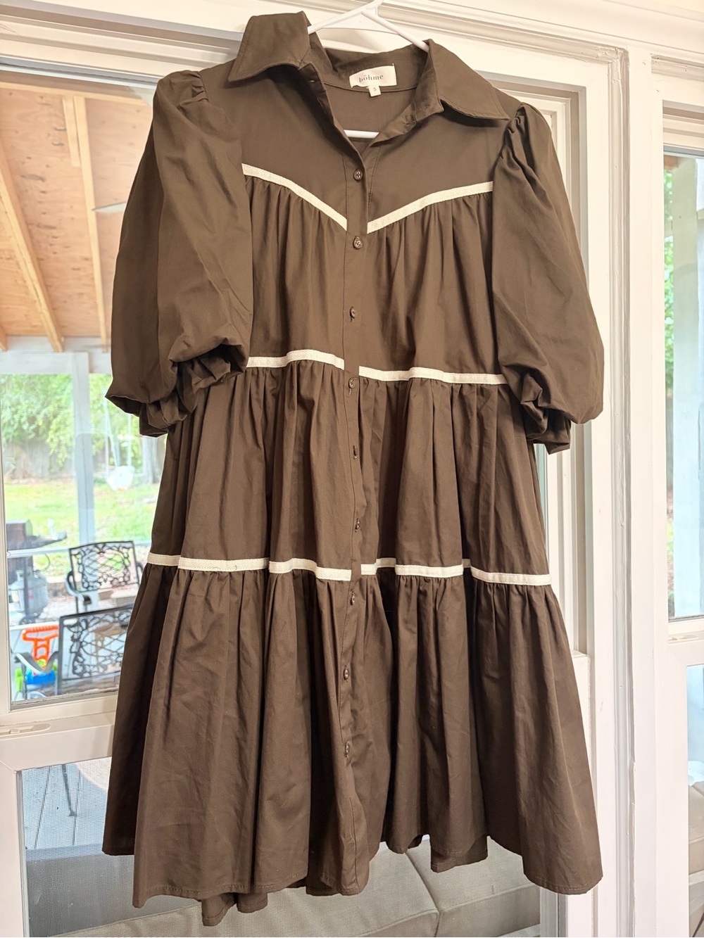böhme Olive Brown Button-Front Tiered Dress